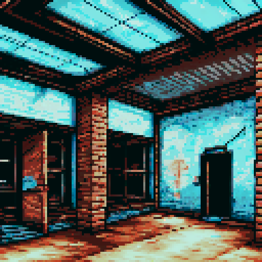 abandoned storefront, nostalgic lighting, pixelated brick walls, cracked windows, overgrown vines, flickering neon sign, empty wooden crates, weathered awning, faded graffiti