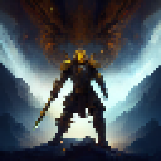 "Golden-armored warrior wielding a glowing enchanted sword, standing atop a mountain peak surrounded by swirling mist and fierce dragons."