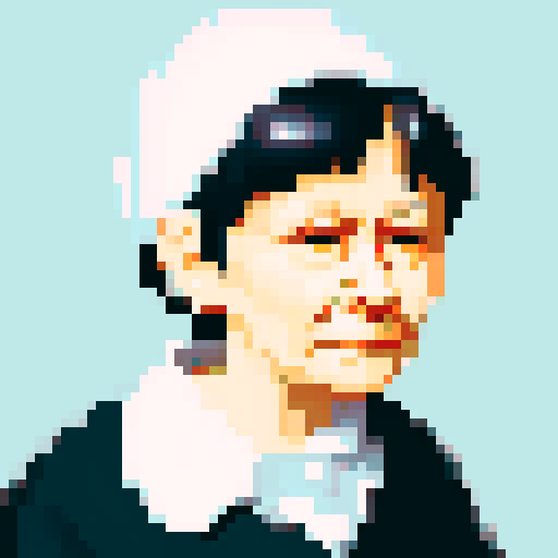 portrait of an old woman, no facial har, white button down shirt and black hair on his head