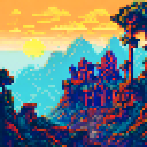 Ancient temple hidden in a jungle, surrounded by mist and guarded by stone statues, with a colorful sunrise peeking over the mountain range in the background