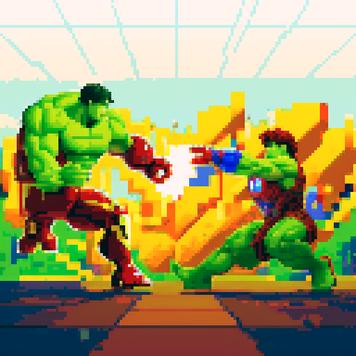 Iron man, hulk, intense battle, dynamic poses, vibrant colors, pixelated details, sRGB palette, action-packed, explosive effects
