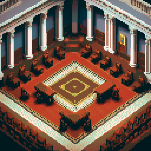 royal council, columns, building, inside, block, wood, discussion table, table, wooden interior, council room