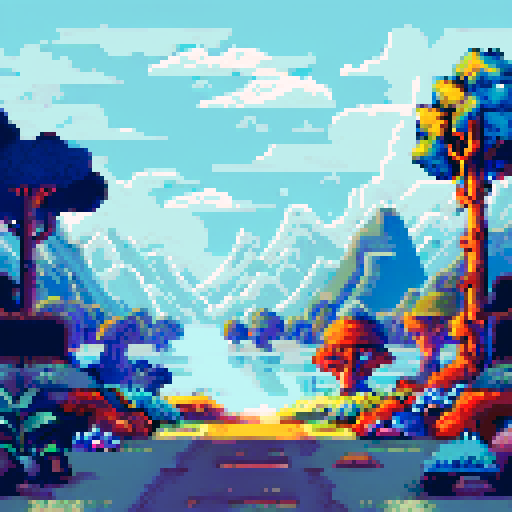 Muted colors, pixel art, sRGB, background, landscape, serene forest, towering mountains, tranquil lake, gentle ripples, soft clouds, distant horizon, delicate flowers, dappled sunlight, hidden pathway, nostalgic ambiance