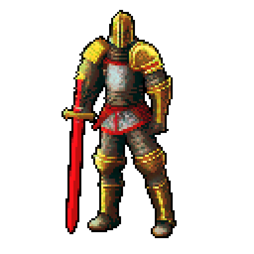 pixel art picture of a human male knight, great sword with both hands, attack, vibrant colors, detailed shading, and smooth lines, heavy armor, combat stance, muscular build, armored helmet, deep red and gold armor, detailed sword, hilt, detailed shading, smooth lines