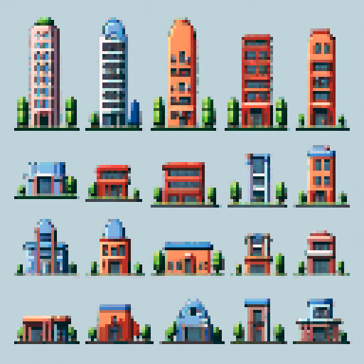 sheet of examples of different buildings, front view, minimalistic, pixel art, ARNE32

