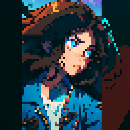 long brown haired man, drugs, wide-eyed, frenetic energy, dilated pupils, sleep-deprived, dark circles under blue eyes, vibrant colors, jagged edges, pixelated representation, 8-bit aesthetic, retro-inspired, sRGB color palette