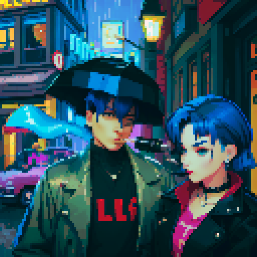 blue haired 90s pop girl on the right is smoking a cigarette, and the man on the left with black hair is holding a gun, night time rainy oldtime villag, grim