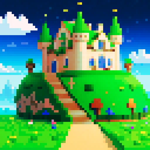 With clouds, a castle and a starry sky in the background, a little green turtle walks through this green, pixelated land. 