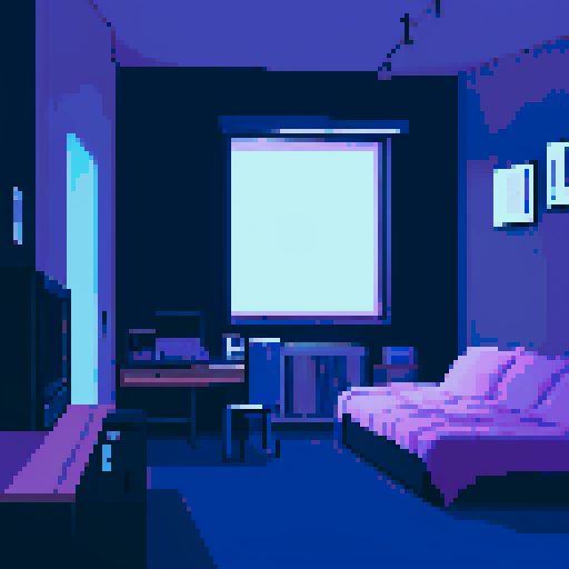 dark apartment bedroom at night, melancholy, depressed, lonely man's bedroom, sadness, dimly lit, bare