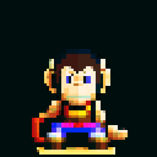8-bit pixel art monkey with vibrant colors, expressive face, dynamic pose, and detailed fur, against a minimalistic white background, capturing the essence of the RPG Maker game style