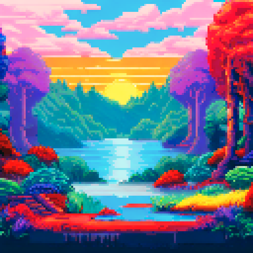 pixel art of a serene landscape of trees and water, and a sunrise with the sun clearly visible in the middle. Bright scene. Foliage and flowers in the forefront. use of simple primary colors of red blue yellow and green