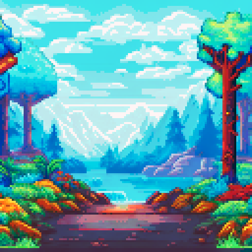 forest scene, with trees and rocks, cheery blossoms and pine trees, mountains in the background falling leaves