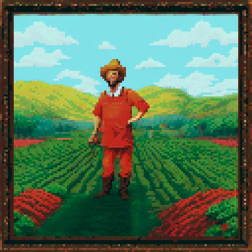 A jovial farmer, adorned in opulent attire, stands amidst a bountiful landscape of shimmering, golden coins, framed by a pixelated backdrop of rolling hills and azure skies in vibrant sRGB hues