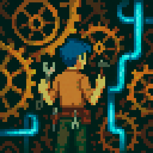 Pixel art, blue-haired man, light brown shirt, green pants, holding a wrench and small hammer, repairing intricate golden gears and glowing blue pipes, tools on belt. Minimalistic.