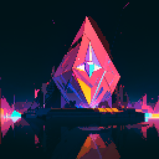 Ethereum logo, vibrant colors, pixelated squares, glowing lines, abstract composition, sRGB, intricate patterns, digital art, futuristic aesthetic, sharp edges, geometric shapes, neon glow, high contrast, detailed shading