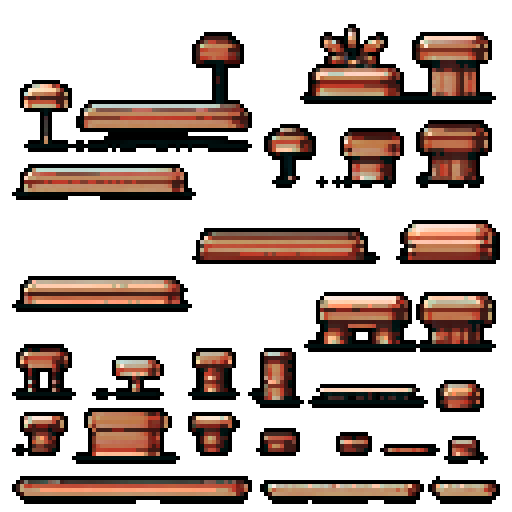 I want a horizontally wide copper platform. I want this object usable an asset in a videogame, meaning only one object per image, outlined with a strong black stroke, on a solid-color background. 
