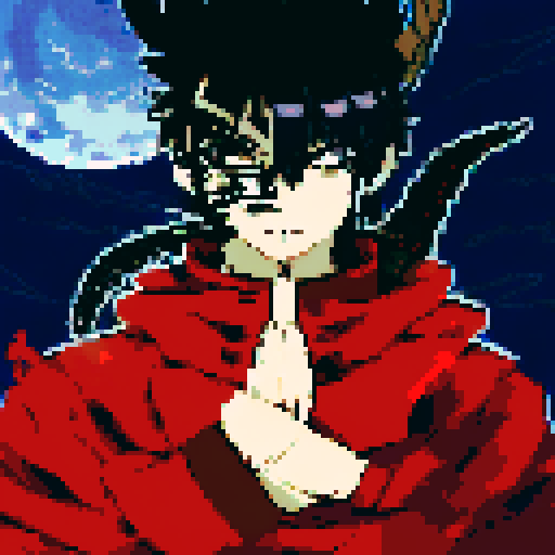 Male half-demon warrior, short black hair, captivating fusion of dark and fiery elements, red eyes reflecting fierce determination and vulnerability, attire blending traditional and modern influences from human and demon, character portrait, anime style, pixel art, close-up