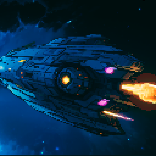spaceship with sleek metallic exterior, glowing engine fires, starry backdrop, vibrant pixel art, sRGB colors
