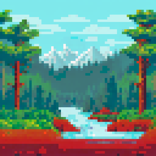 Snow-capped peaks towering over a forest of pine trees, with a river snaking through the foreground in a pixelated, sRGB-style landscape