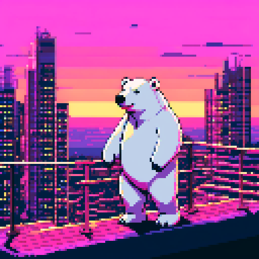 "An 8-bit pixel art of a polar bear standing on a sleek, modern balcony, overlooking a glowing sunset. The bear, adorned with gold chains and sunglasses, leans casually on the railing, with stacks of crypto coins and a tablet showing trading charts beside him. The futuristic cityscape below is lit with neon signs and holograms, blending the serene sunset with the high-tech crypto world."