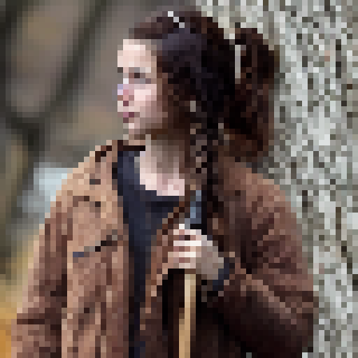 A character called Hayley who has brown hair, brown eyes, white skin, carries an axe for cutting trees and has her hair in a ponytail.