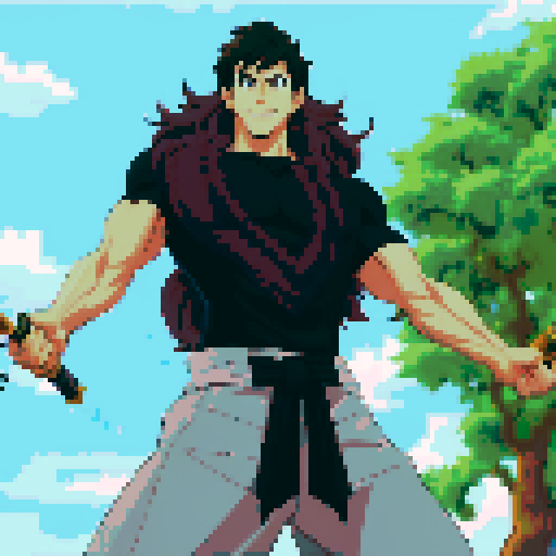Best Quality,Anime Male,Dashing,Pixel art,weapon in hand,with creature attached to body