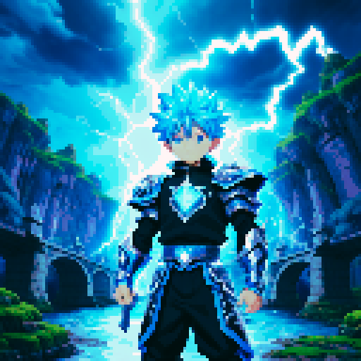 killua zoldyk with electric blue hair, futuristic black and silver armor, crackling lightning sword, moss-covered stone bridge, crystal clear river, swirling stormy sky, pixel art, vibrant sRGB colors