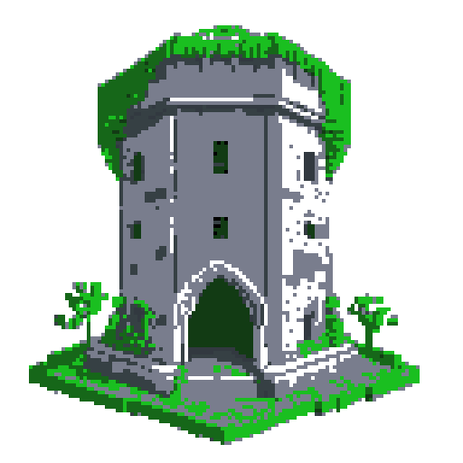2d grey stone scientific facility in an ancient english style. Old and crumbling but still upright. Green vines crisscross it. Usable as an asset (clear, thick lines and a white background). Put a black stroke around the composition
