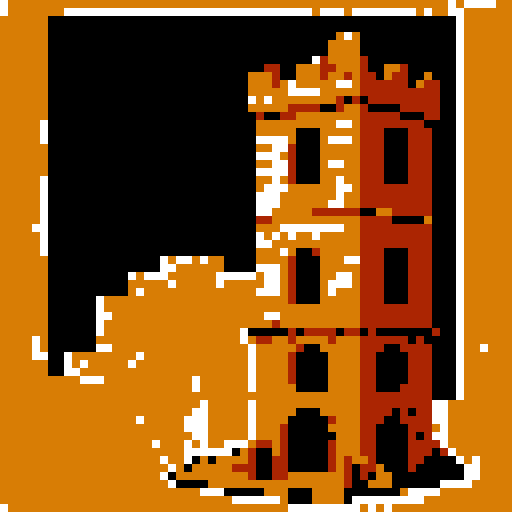 crumbling brick and copper tower. Simple style, thick black lines, white background.