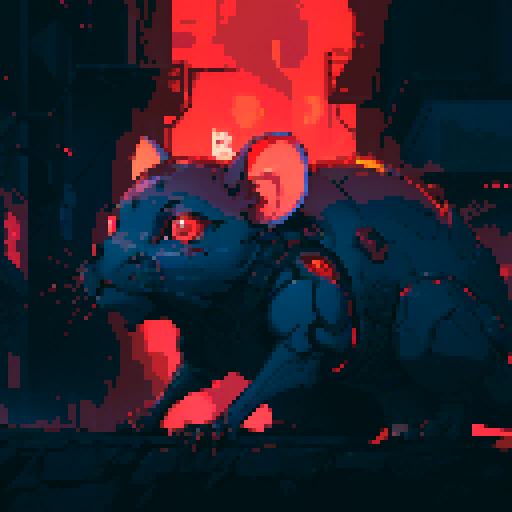 rat cyborg, metallic limbs, glowing red eyes, circuitry embedded in fur, futuristic city backdrop, neon lights, sharp fangs, pixelated aesthetic