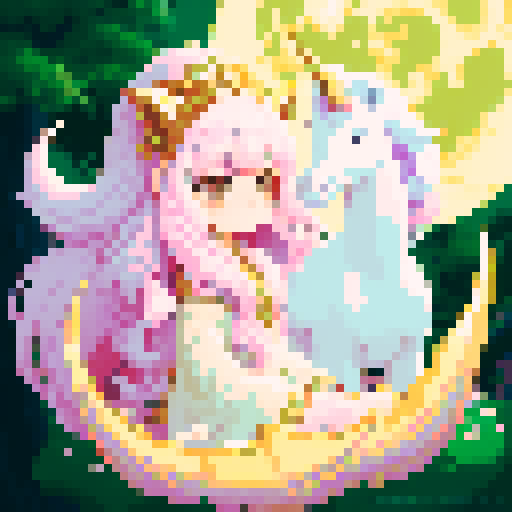 unicorn woman hybrid with cloven hooves, ethereal mane flowing, delicate golden horn, playful expression, bathed in the moons glow in a forest, clear detail, pixel chibi art style