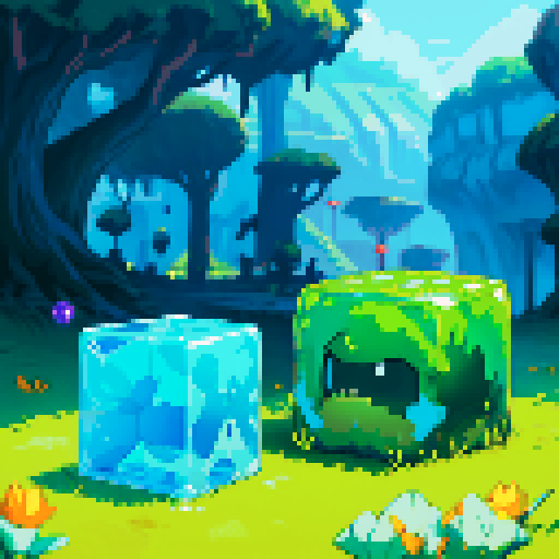 Blue Slime cube, Gelatinous cube, giant Slime, boss fight, grasslands
