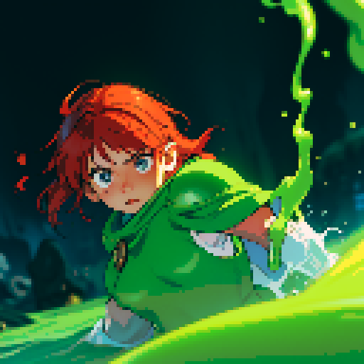 hero sinking into slime, hero drowning in slime, hero has red hair, hero has silver armor, reaching up, panic, sinking deep into slime