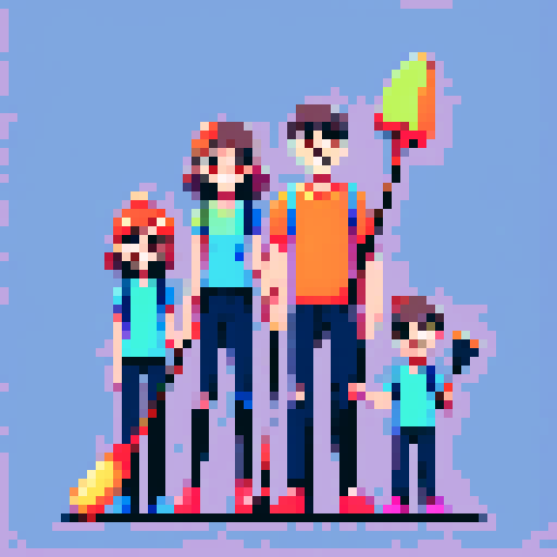 happy family of five, smiling and standing close together, with pixelated features and vibrant colors, posing in front of a sRGB background, one person holding a pixelated broom