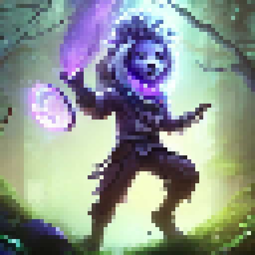 Ekko dashes through the enchanted forest, wielding his glowing time device, as the misty trees and shimmering magic crystals create an ethereal, otherworldly atmosphere around him.
