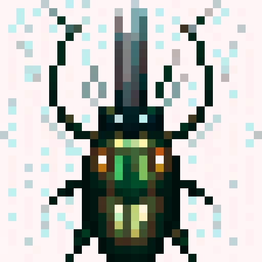horned beetle sprite, pixelated details, intricate horns, shiny exoskeleton, glowing eyes, stylized shadows, 32x32 game icon, skill art, sRGB, close up, portrait