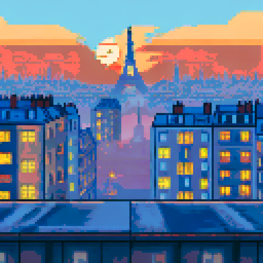Parisian rooftops at sunset, with warm hues bleeding into the sky and the Eiffel Tower in the distance, all rendered in a nostalgic, pixelated style reminiscent of classic video games