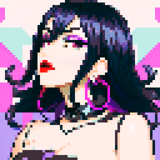 curvy, cute goth girl with black hair, purple eyeshadow, and red lipstick, in a pixel art glamour shot, with vibrant sRGB colors