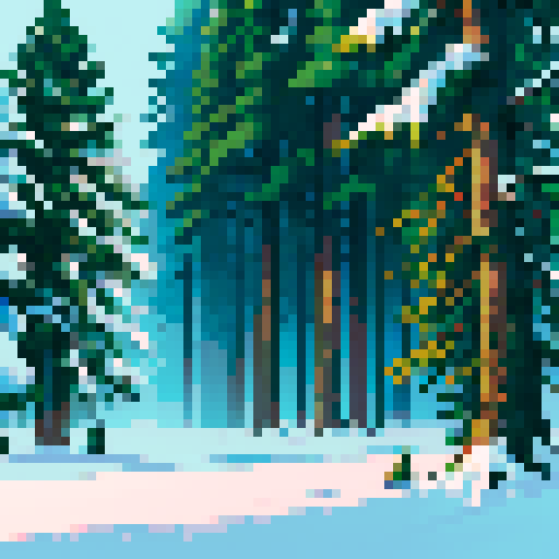 Winterly jungle with towering evergreen trees, snow-covered ground, icy landscape small colourfull details