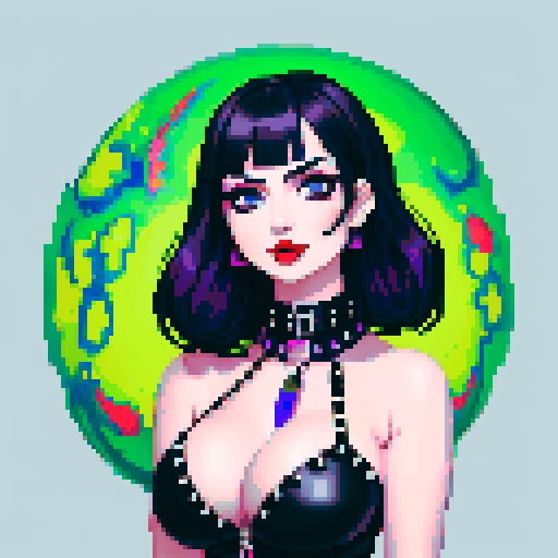 curvy, cute busty goth girl face, whole head portrait, black hair, purple eyeshadow, red lipstick, low cut black studded leather halter top, studded collar, vibrant sRGB colors.