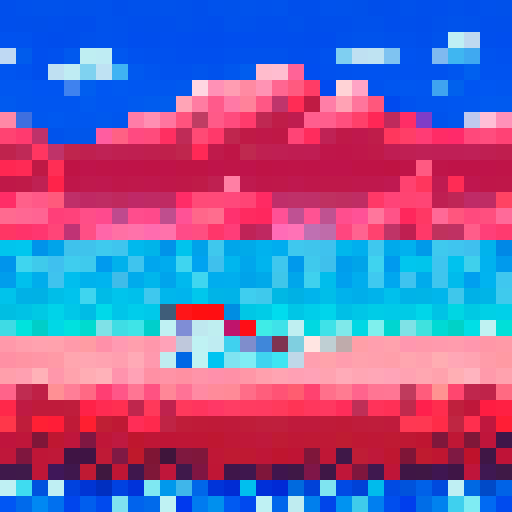 Watermelon whale breaching through a vibrant blue ocean, its juicy red flesh contrasting against the pixelated waves and the pixel art sunset in the distance