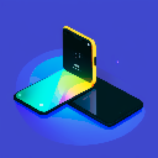futuristic smartphone, sleek black design resembling cosmos, flexible screen, holographic display, bold "X" on surface or screen, minimalistic, galaxy-themed background, high-tech sophistication, innovation, pixel art, sRGB