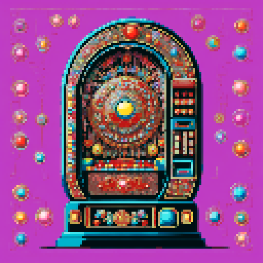 Vintage pachinko machine, vibrant retro colors, intricate mechanical details, nostalgic pixel art, sRGB color space