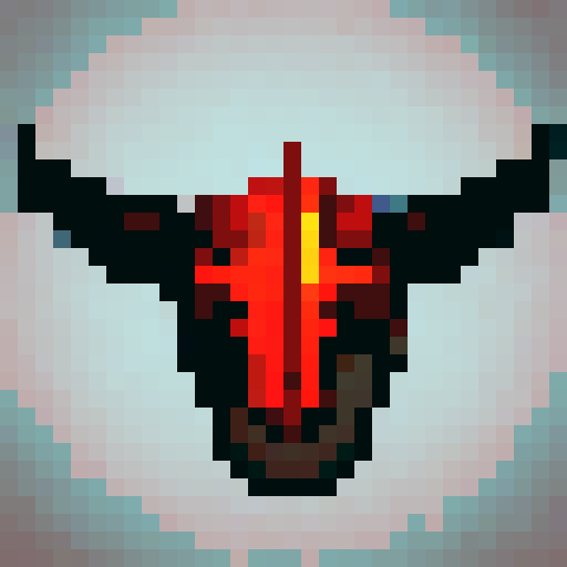 Horned, fiery demon hunter helmet with intricate engravings, glowing red eyes, and smoke billowing from the nostril-like vents, rendered in 32x32 pixel art for use as a game asset