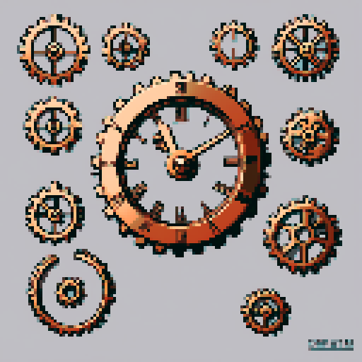 I want a copper gear that looks like it was made by a master clockmaker. It should have strange mechanical details that could interlock with each other. I also want this object usable an asset in a videogame, meaning only one object per image, outlined with a strong black stroke, on a solid-color background.