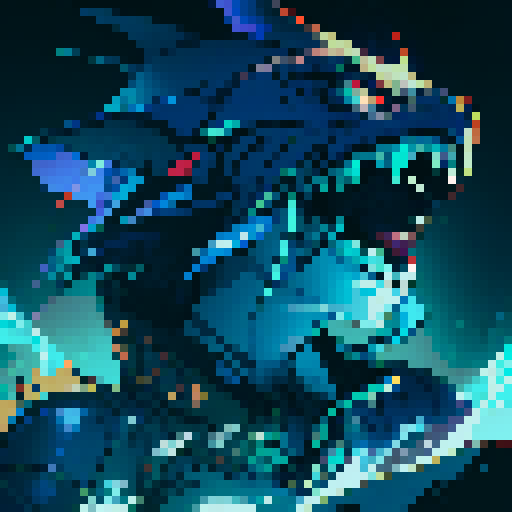 leviathan face, shimmering scales, piercing eyes, sharp teeth, deep shadows, vibrant colors, pixelated details, sRGB color space, dark background