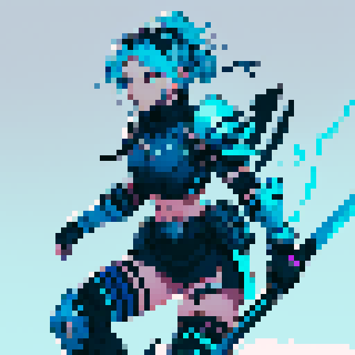 athletic female, exuding strength and agility. shoulder-length Midnight Blue hair, streaked with Royal Blue highlights. armor is a sleek combination of Dark Slate Blue and Neon Cyan, Steel Gray accents cover her gauntlets and shin guards, Charcoal Black underlayer. glowing Gold artifact on chest and Blue visor. utility belt, in Dark Gray with Neon Purple details, and black boots with Cyan highlights