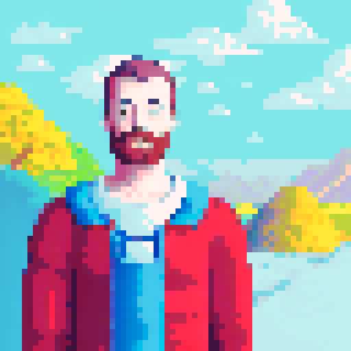 Rolling green hills dotted with sheep under a bright blue sky, a winding river flowing through the center of the landscape