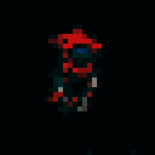 small, red-cloaked character with hidden face, red eyes, black outline, fantasy RPG