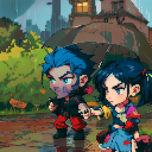 blue haired 90s pop girl on the right is smoking a cigarette, and the man on the left with black hair is holding a gun, night time rainy oldtime villag, grim